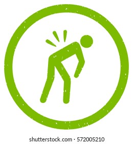 Backache grainy textured icon inside circle for overlay watermark stamps. Flat symbol with scratched texture.
