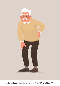 Backache. Grandfather is holding his back. Rheumatism. Vector illustration in cartoon style