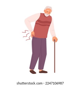 Backache of grandfather with walking stick. Isolated senior personage, pensioner or elderly man with health problems. Flat cartoon character, vector illustration