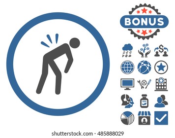 Backache icon with bonus images. Vector illustration style is flat iconic bicolor symbols, cobalt and gray colors, white background.