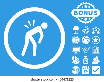 Backache icon with bonus pictogram. Vector illustration style is flat iconic symbols, white color, blue background.