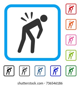 Backache icon. Flat grey iconic symbol in a light blue rounded squared frame. Black, gray, green, blue, red, orange color variants of Backache vector. Designed for web and app UI.