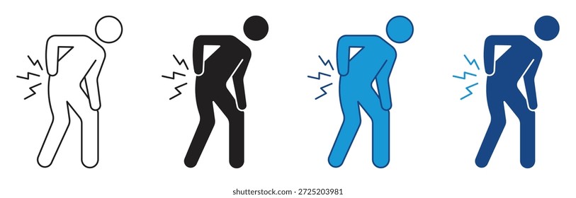 Conjunto de iconos de dolor de espalda. Persona con el icono del dolor de espalda, concepto del dolor de espalda, aislado en el fondo blanco. Ilustración vectorial.