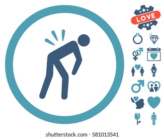 Backache pictograph with bonus marriage images. Vector illustration style is flat iconic cyan and blue symbols on white background.