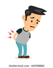 backache problems.vector flat cartoon concept illustration of men character design icon. Isolated on white background. Pain in back,backache, ache, hurt, suffering