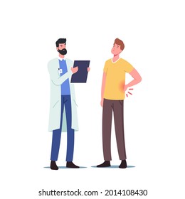 Backache Sickness. Diseased Patient Male Character At Doctor Appointment With Back Pain, Muscular Inflammation Or Injury. Health Care, Medicine And Hospital Visit. Cartoon People Vector Illustration