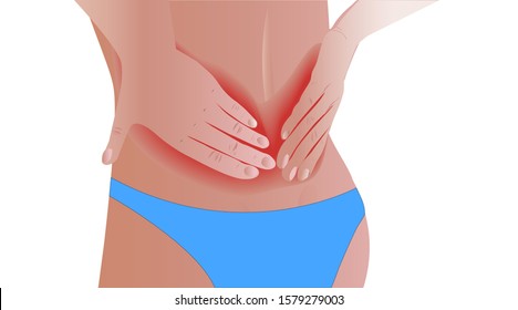 Backache Sickness. Slim Girl with Hands on Her Back Suffering Pain. Realistic Vector Illustration