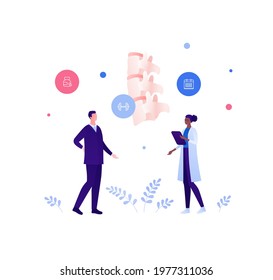 Backache and spine disease concept. Vector flat healthcare illustration. African american female doctor and businessman patient. Vertebra, medicine capsule and sport symbol. Design for health care.