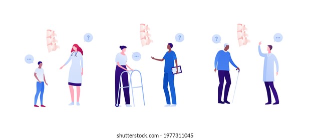 Backache And Spine Disease Concept. Vector Flat Healthcare Illustration Set. Doctor And Patient Appointment. Child, Female Adult With Walker And Elderly Man. Design For Health Care Checkup.