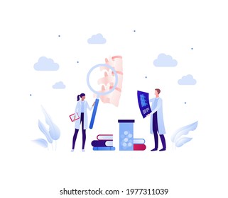 Backache, spine disease study concept. Vector flat healthcare illustration. Male and female doctor scientist team. Vertebra, medicine, book and magnifier glass symbol. Design for health care.