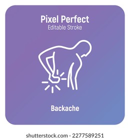 Backache thin line icon. Man touching his back. Osteoporosis, arthritis symptom.  Pixel perfect, editable stroke. Vector illustration.