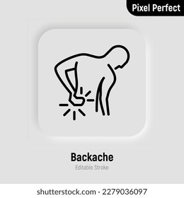 Backache thin line icon. Man touching his back. Osteoporosis, arthritis symptom.  Pixel perfect, editable stroke. Vector illustration.