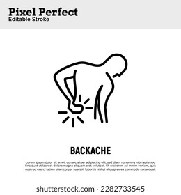 Backache thin line icon. Man touching his back. Osteoporosis, arthritis symptom.  Pixel perfect, editable stroke. Vector illustration.