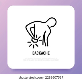 Backache thin line icon. Man touching his back. Osteoporosis, arthritis symptom. Vector illustration.