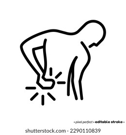 Backache thin line icon. Man touching his back. Osteoporosis, arthritis symptom.  Pixel perfect, editable stroke. Vector illustration.