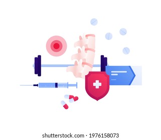 Backache treamtment and sport concept. Vector flat medical illustration. Spine, capsule and pill medicine, syringe and barbell sign. Red circle pain symbol. Design for health care, rehabilitation.