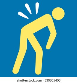 Backache vector icon. Style is bicolor flat symbol, yellow and white colors, rounded angles, blue background.
