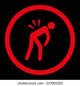 Backache vector icon. Style is flat rounded symbol, red color, rounded angles, black background.