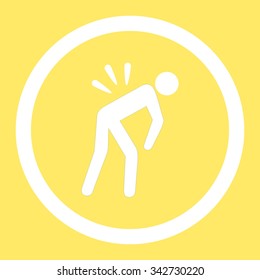 Backache vector icon. Style is flat rounded symbol, white color, rounded angles, yellow background.
