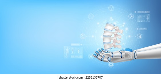 Backbone disc joint float away from in robot hand. Futuristic medical cybernetic robotics technology. Innovation artificial intelligence robot assist care health. With copy space for text. 3D Vector.