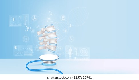 Backbone disc joint healthy cartilage float away from stethoscope. Image virtual hologram on screen computer. Doctor diagnose digital data record. Electronic medical technology innovation. 3d Vector.