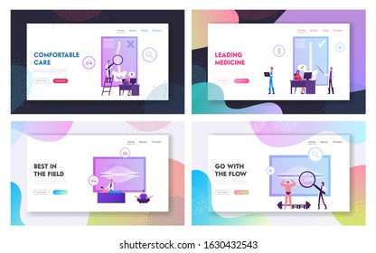 Backbone and Muscles Heath Care Website Landing Page Set. Doctor Explain Difference between healthy and Unhealthy Spine and Joints. Body Care Medicine Web Page Banner. Cartoon Flat Vector Illustration