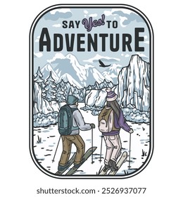 Backcountry skiers navigating snowy mountain pass, vintage emblem captures essence of journey, immersed in nature's beauty. Evokes freedom, exploration, perfect for active lifestyle