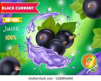 Back-currant juice advertising package design. Berries juice splash