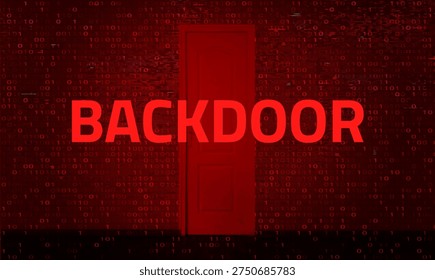 Backdoor cybersecurity threat concept with red alert warning on binary code background illustrating malicious software vulnerability and unauthorized system access in network security