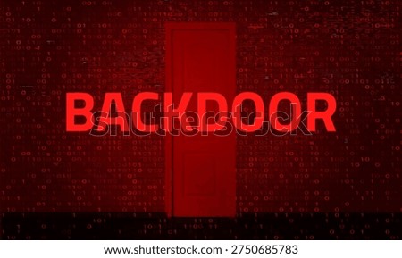 Backdoor cybersecurity threat concept with red alert warning on binary code background illustrating malicious software vulnerability and unauthorized system access in network security