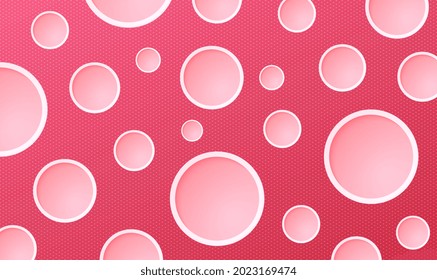 Fondo con círculos 3d sobre fondo rosado. Fondo de círculo abstracto con sombras de caída. Patrón realista de moda con forma 3d sobre fondo rosa. Arte moderno de estilo 3d. Ilustración vectorial EPS10.