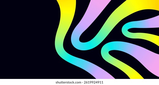 Fundo com abstrato 3d arco-íris curva suave linha dinâmica, neon gradiente padrão. Faixa com caixa de texto vazia, forma de fita colorida girada no plano de fundo preto. Vetor EPS10 1920, 1080