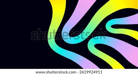 Backdrop with abstract 3d rainbow curve smooth dynamic line, neon gradient pattern. Banner with empty text box, swirled colored ribbon shape on black background. Vector EPS10 1920, 1080