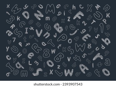 Hintergrund aus Buchstaben, geschlüpften und umrissenen Symbolen auf einer Tafel in einer Skizze. Handgezeichnete abc-Schriftart. Einzige Vektorgrafik auf dunklem Hintergrund