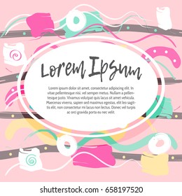 Backdrop (background template) invitation card, modern colorful paint splashes and brush strokes. Horizontal lines pattern with dots. Soft pleasant colors