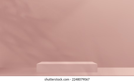 Backdrop Background,Wall Room with leaves shadow on Beige color,3D Studio Display Podium with leaf shadow on Peach color,Vector studio scene with stand for Spring,Summer or Valentine,Mother Day banner
