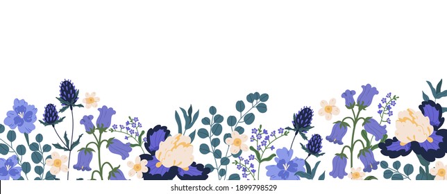 Backdrop with border of spring blooming flowers. Bluebells, irises, eucalyptus, eryngium and forget-me-nots isolated on white background. Floral flat vector illustration isolated on white background