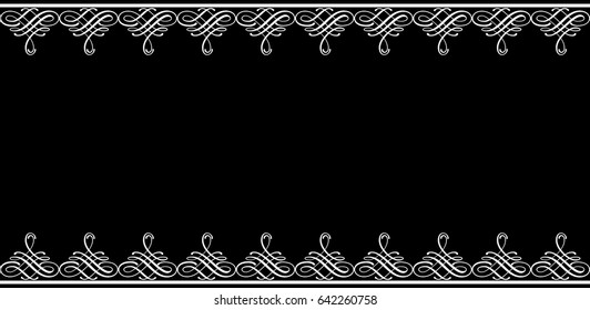 Backdrop with borders in calligraphic retro style in white color isolated on black background. Vector illustration