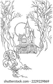 fondo del castillo fondo halloween caricatura doodle kawaii página de color anime linda ilustración clipart personaje manga