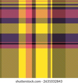 Tela de la comprobación del telón de fondo, textura a cuadros del patrón del menú. Fondo de Vector de cama textil tartán en paleta de colores amarillo y violeta.