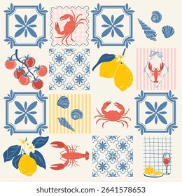 A backdrop for coastal cuisine featuring seafood and citrus fruits. A mosaic print with hand-drawn lemons, wine, lobster, tomatoes, crab, and seashells. 
