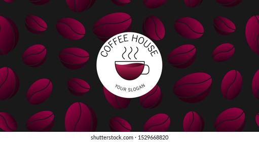 Backdrop with coffee beans pattern and logo with stylized coffee cup, gradient modern unconventional graphic