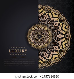 backdrop cover banner illustration vector design luxury ornamental mandala design background in gold color, arabesque pattern arabic islamic east style for Wedding card, book cover, greeting card
