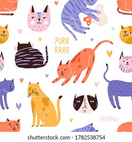 Backdrop with cute, funny cat head, muzzle, face, hearts and purr, meow text. Seamless repeatable pattern with colorful decoration element. Flat vector illustration isolated on white background