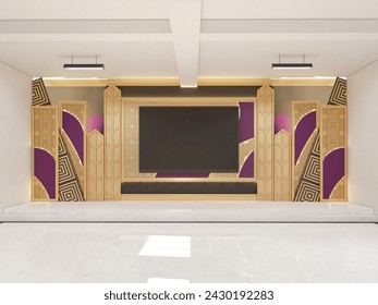 the backdrop design and wall decorations are gold and purple