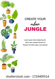 Backdrop with exotic potted plants for home gardening, urban jungle, house plant concept. Place for text. Great for banner, poster, flyer, flower shop. Vector illustration.