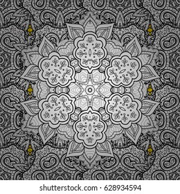 Backdrop, fabric, dim wallpaper. Vector gray pattern. Gray pattern on yellow background with gray elements. Flat hand drawn vintage collection.