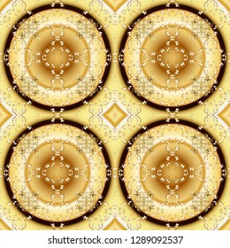 Backdrop, fabric, gold wallpaper. Flat hand drawn vintage collection. Vector golden seamless pattern. Golden pattern on yellow and beige colors with golden elements.