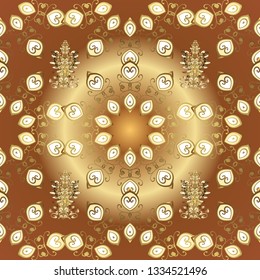 Backdrop, fabric, gold wallpaper. Flat hand drawn vintage collection. Vector golden seamless pattern. Golden pattern on beige and brown colors with golden elements.