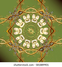 Backdrop, fabric, gold wallpaper. Flat hand drawn vintage collection. Vector golden pattern. Golden pattern on green background with golden elements.